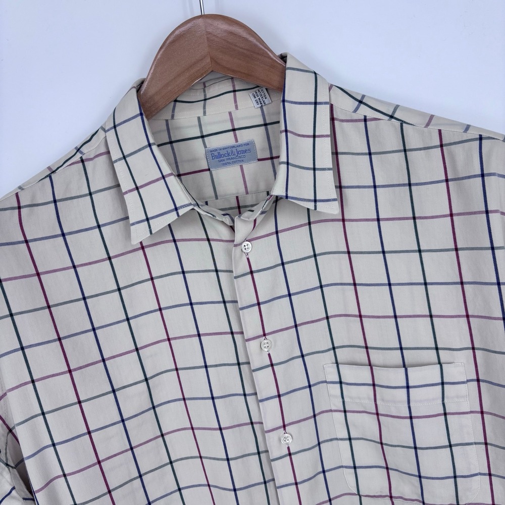 VTG Bullock & Jones Swiss Cotton Tattersall Plaid Button Down Mens XL Cream